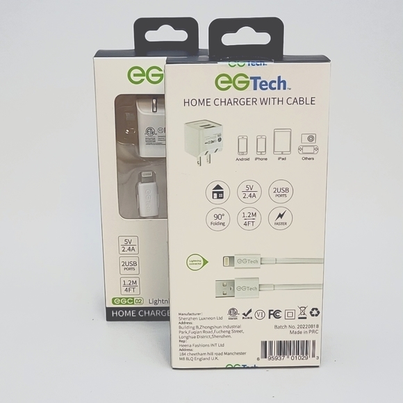2pk EGTech Dual USB Fast Charger Adapter & 4ft Lightning to USB Cable, 2.4A 5V - Picture 2 of 2